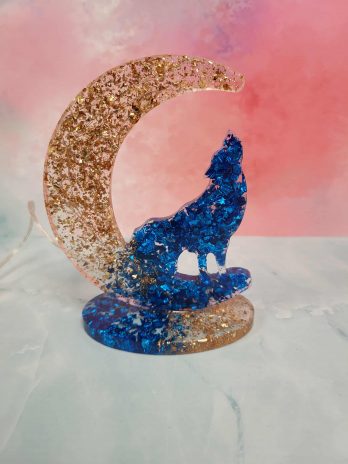 Décoration lune loup doré et bleu