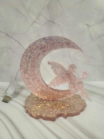 Décoration lune fée paillettes corail.